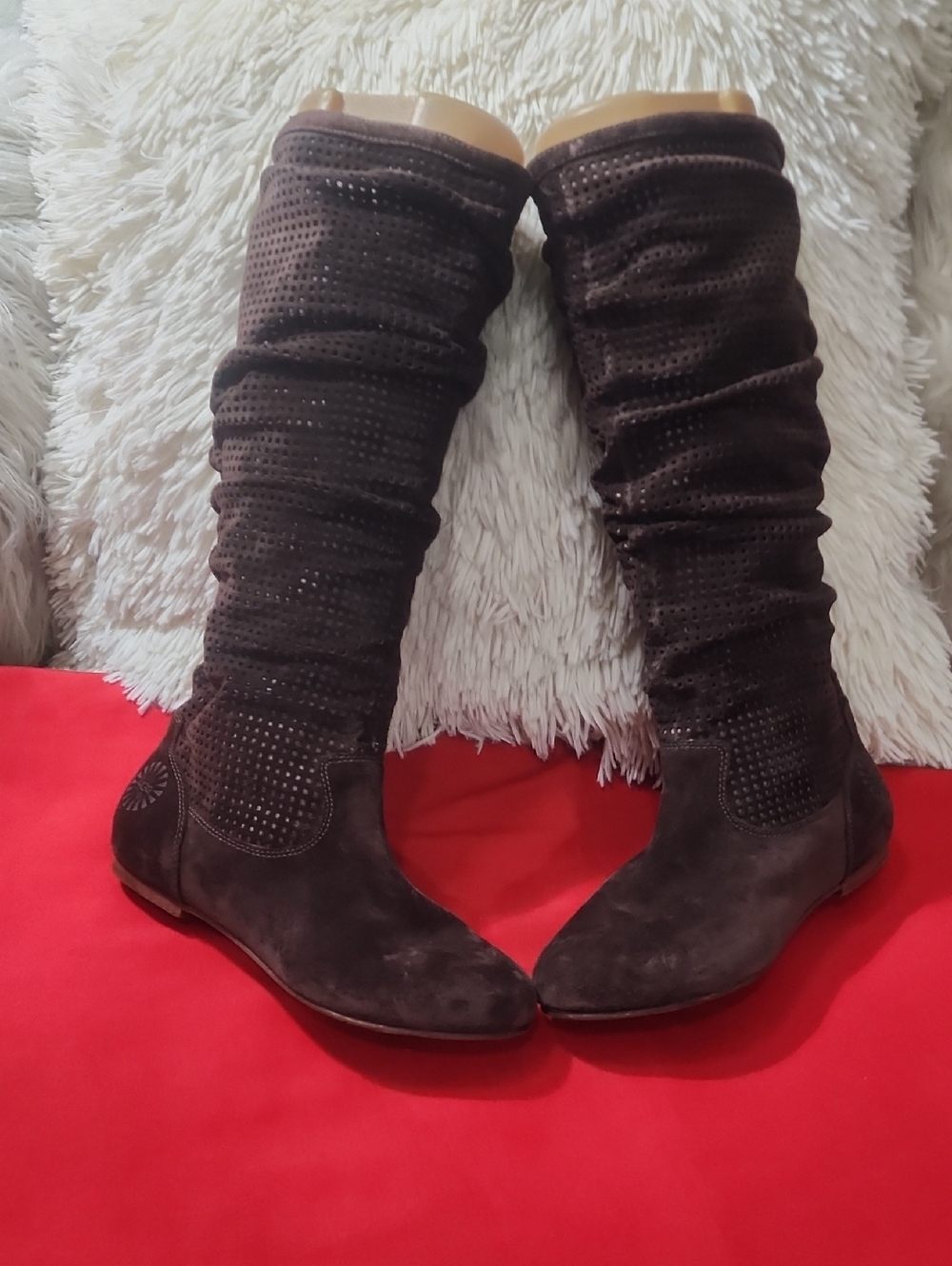 UGG ABILENE Chocolate Brown Perforated Slouchy Suede Leather Boots